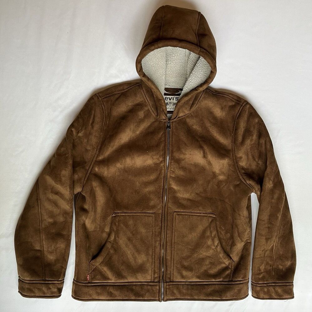 Levi's Suede Jacket Mens L Sherpa Shearling Lined Hoodie Full Zip Brown Heavy